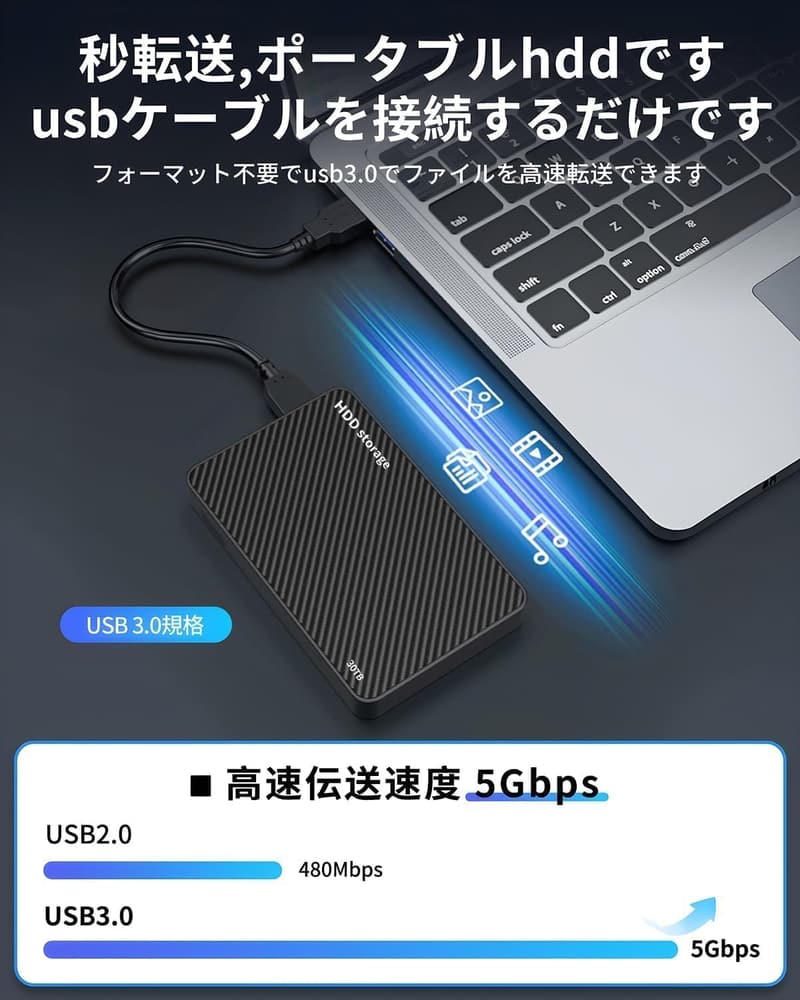 外付けHDD 30TB 超薄型ポータブル 大容量・防塵防水 USB3.0/2.0対応