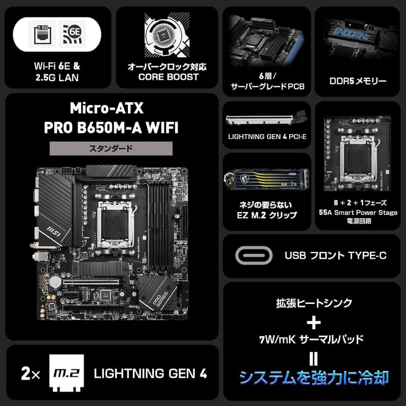 MSI PRO B650M-A WIFI マザーボード (AMD Ryzen 7000シリーズ対応) micro-ATX