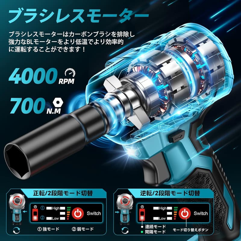 タイヤ交換用電動インパクトレンチ 700N・m ブラシレスモーター 小型 1/2インチ LEDライト 4000mAhバッテリー 車用 型番 S7
