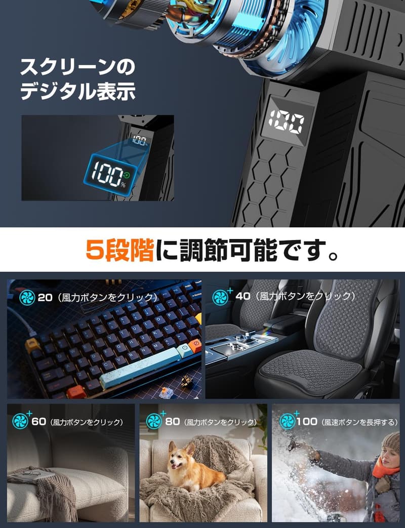 エアダスター 200,000RPM 電動 ブロワー 小型 軽量 20,000mAhバッテリー LCDディスプレイ付き 洗車・PC掃除用 ノズル2種・収納ボックス付