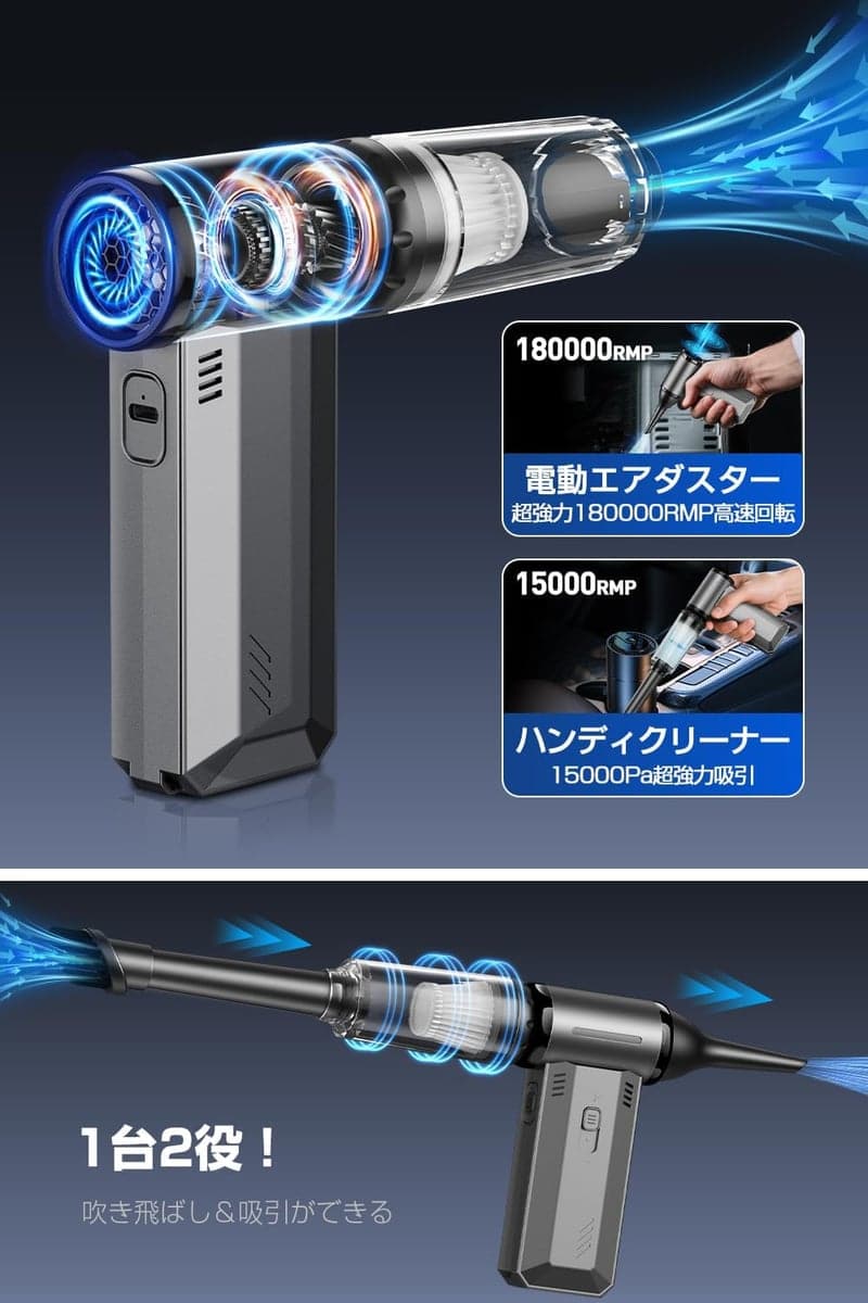 父の日プレゼント 【2in1】 電動エアダスター&ハンディクリーナー 超強力180,000RPMタイプC充電式 75m/s風速 コードレス掃除機