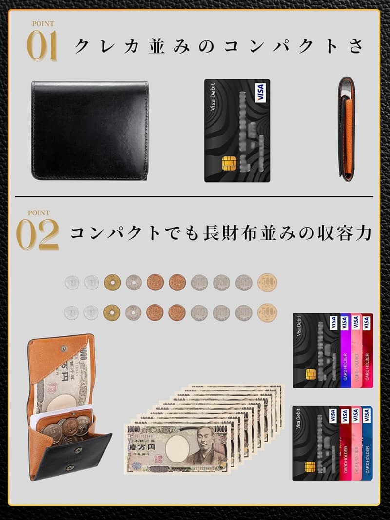 本革イタリアンレザー ミニ財布 メンズ レディース 薄型コンパクト (シャインブラック)