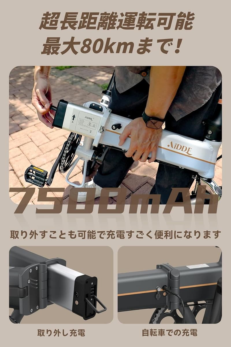 AiDDE 電動アシスト自転車 A1TS 折りたたみ 14インチ 最大走行距離80㎞ 5段アシストモード サスペンション付き