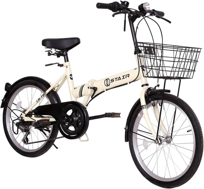 20インチ折りたたみ自転車 シマノ6段変速 カゴ・ライト付 ハンドル高さ調節可