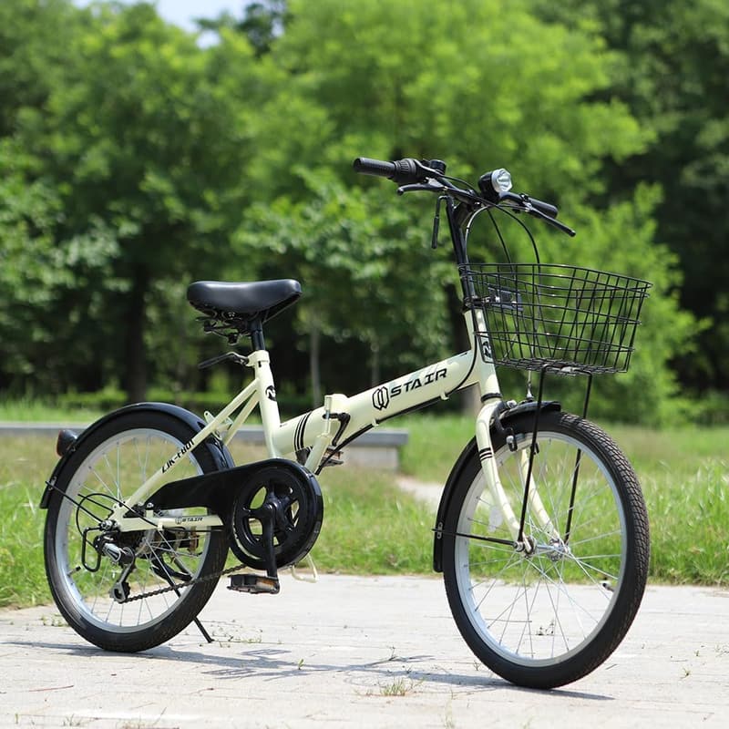 20インチ折りたたみ自転車 シマノ6段変速 カゴ・ライト付 ハンドル高さ調節可
