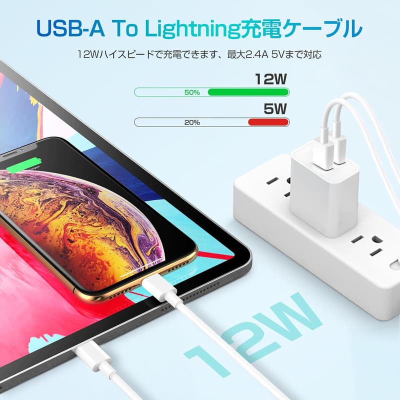 iPhone/iPad対応 USB急速充電器 2ポート 12W MFi認証 2Mケーブル2本付 軽量コンパクト