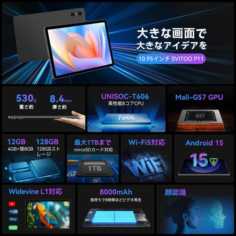 Androidタブレット11インチ 12GB+128GB GMS認証 ケース付き 高性能メディア再生モデル