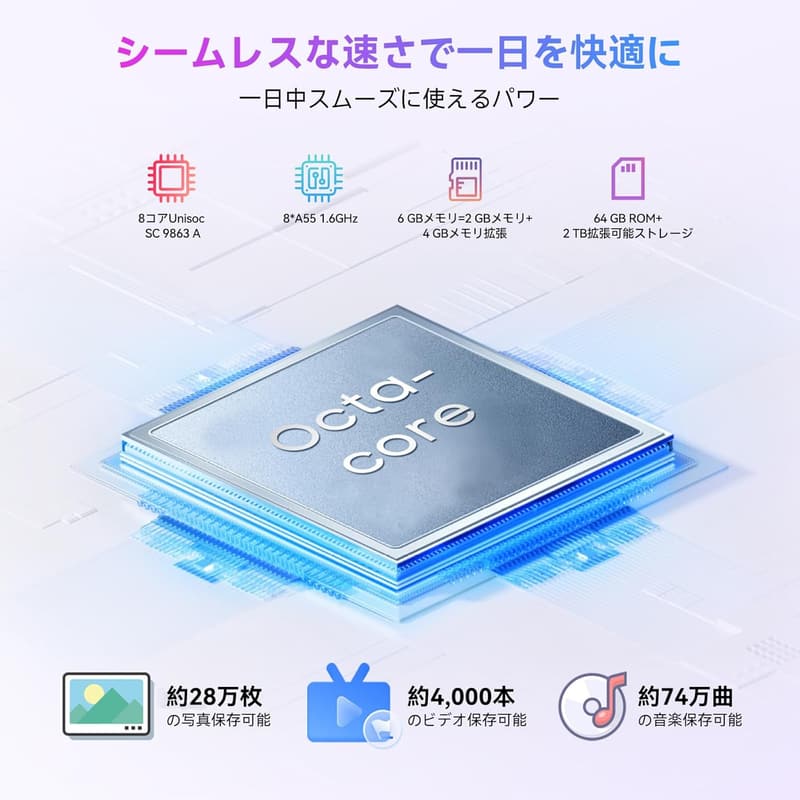 SIMフリースマホ Blackview Wave8C 4G対応 6.56インチ Android 14 Go 6GB RAM/64GB ROM 5000mAhバッテリー ブルー