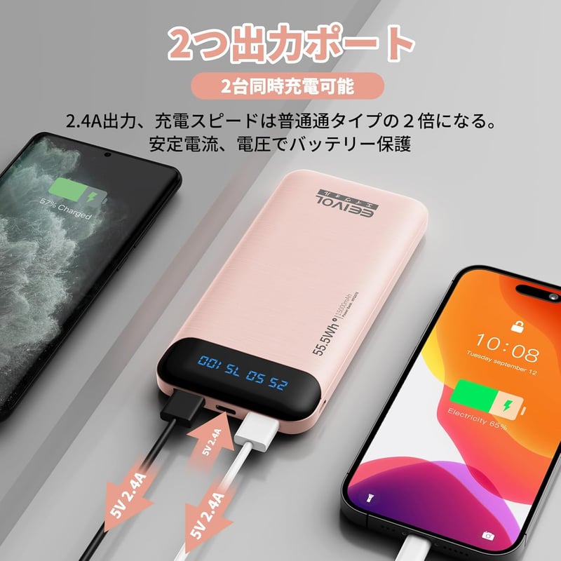 大容量15000mAh モバイルバッテリー 携帯充電器 軽量・コンパクト PSE認証済 iOS/Android対応 (ピンク)