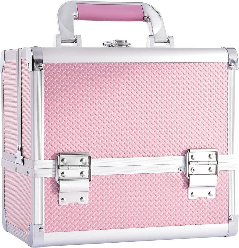 大容量ミラー付きコスメボックス 3段トレイ ブラシホルダー付き (ピンク)