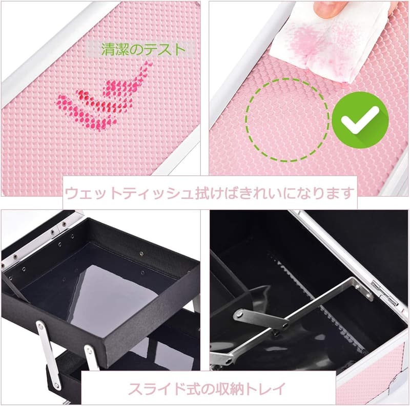 大容量ミラー付きコスメボックス 3段トレイ ブラシホルダー付き (ピンク)