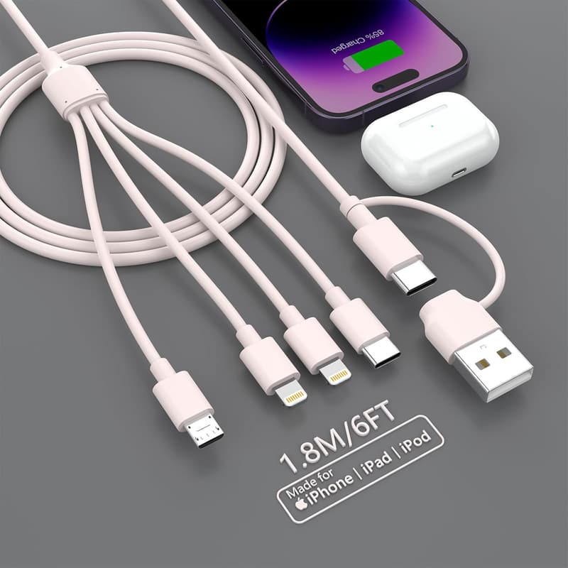 4in2 急速充電ケーブル 1.8M USB Type-C・Micro USB・iPhone対応 4台同時充電 ピンク