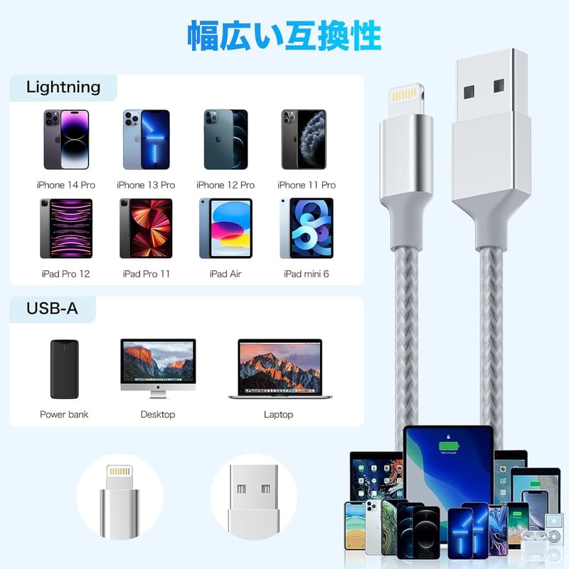 MFi認証ライトニングケーブル 1M/2M 各2本セット 急速充電・データ転送対応 ナイロン編み 断線防止 iPhone/iPad対応