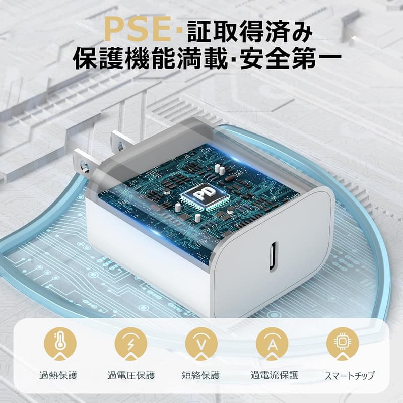 iPhone 16/15対応 PD-20W急速充電器 タイプC USB-Cケーブル2本付 ホワイト