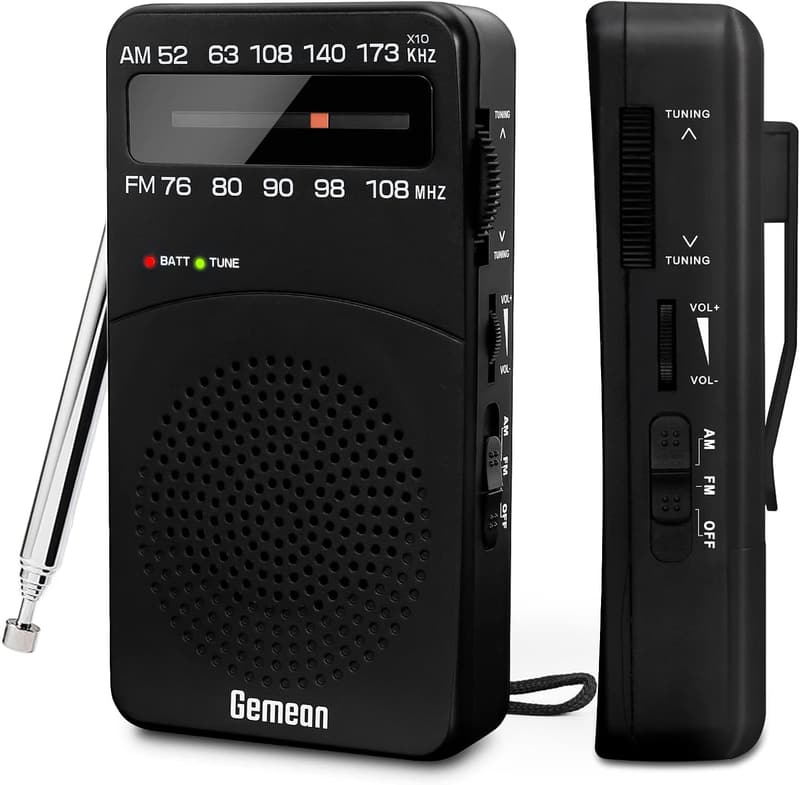 防災用高感度ポータブルラジオ AM/FM 小型 防水バッテリー交換可能 アウトドア対応（モデルJ-166）黒