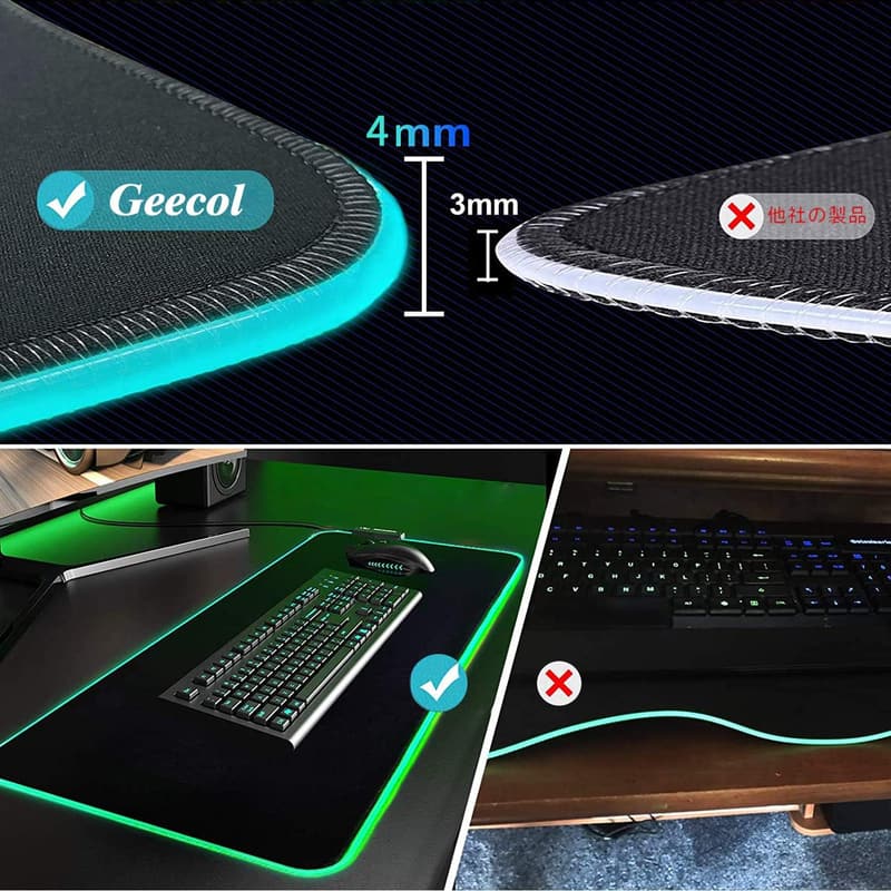 大型防水RGBゲーミングマウスパッド 4USBケーブル付き【1年保証】 ブラック