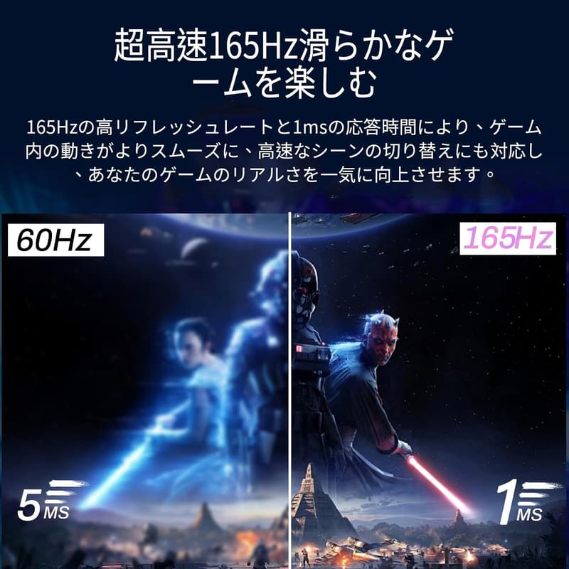 165Hz対応 27インチ FHDゲーミングモニター、1ms応答、ブルーライト軽減、HDR、VESA対応