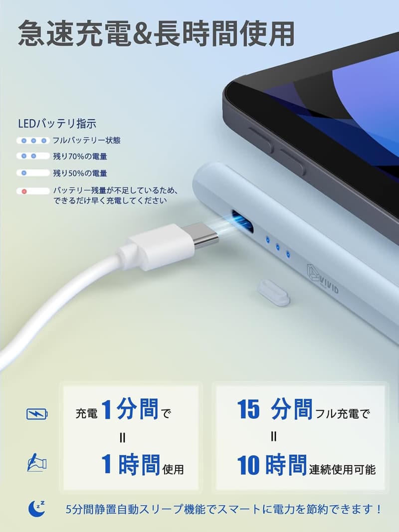 iPad用高感度タッチペン 【VIVID TECH】 磁気吸着・急速充電・誤作動防止機能対応
