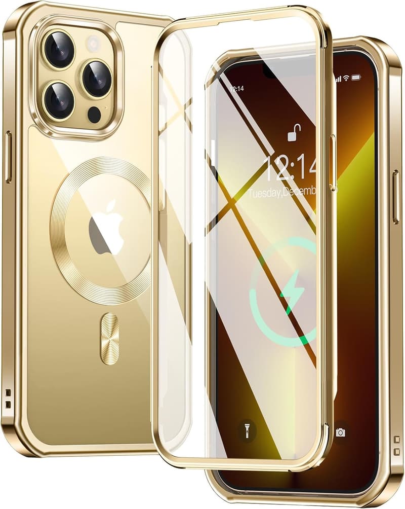 iPhone13 Pro Max用　MagSafe対応　クリア全面保護ケース　ストラップホール付き　耐衝撃　黄変防止　ゴールド