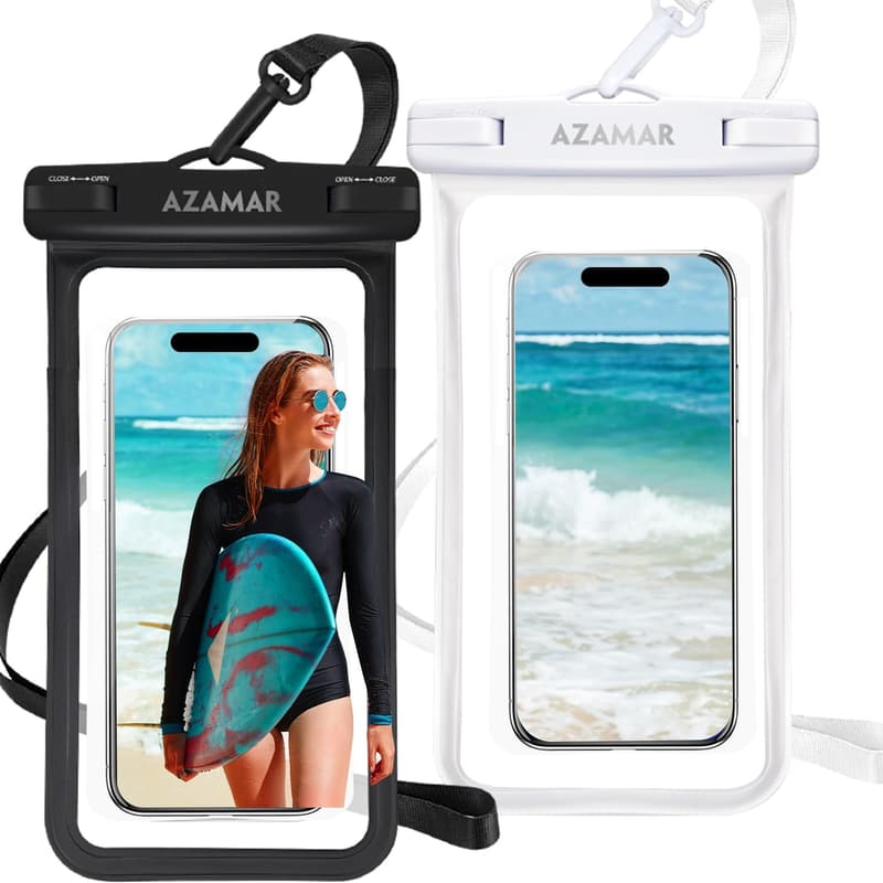 防水スマホケース2枚セット IPX8認定 7.3インチ以下対応 タッチ&顔認証可 首かけストラップ付き (ホワイト/ブラック)