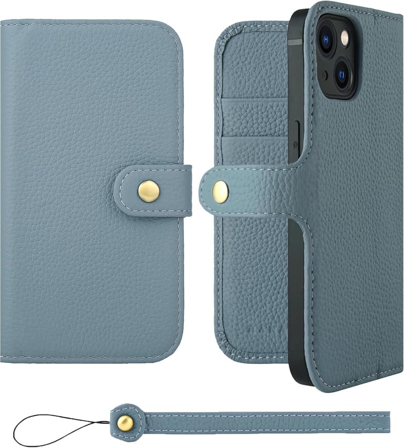 本革手帳型iPhone14ケース（シュリンクカーフレザー）ブルーグレー - 誕生日ギフトに最適なスタンド&ストラップ付き