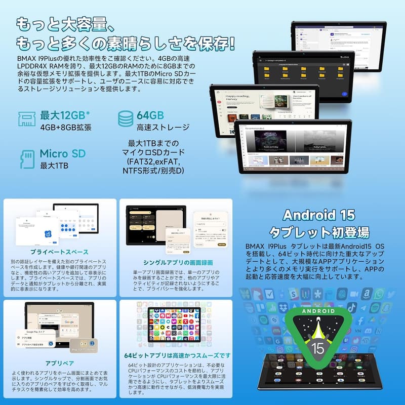 10インチAndroidタブレット Wi-Fiモデル 12GB+64GB+1TB TF拡張 8コアCPU IPS液晶 6000mAh 日本語説明書付き