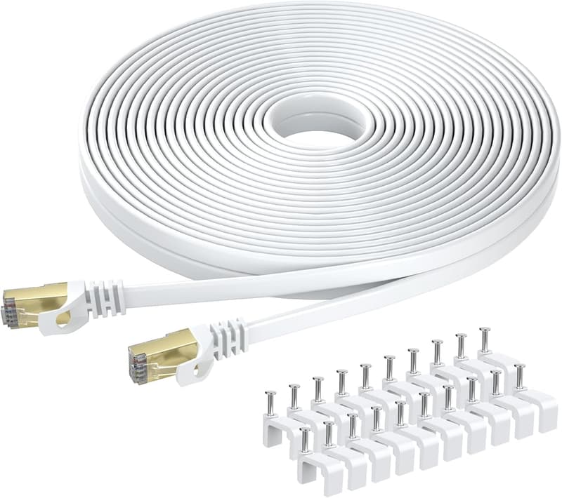 カテゴリー8 フラットLANケーブル 15M 40Gbps 2000MHz RJ45コネクタ付き ホワイト