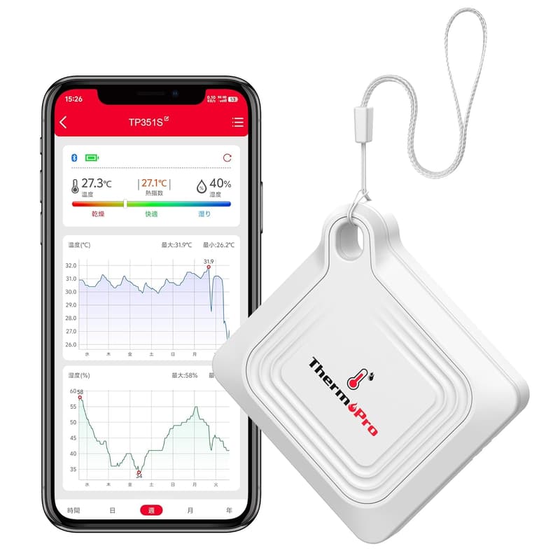 Bluetooth温湿度計 TP351 - デジタル無線式・高精度・スマホ管理対応・梅雨・熱中症対策用室内ミニサイズ