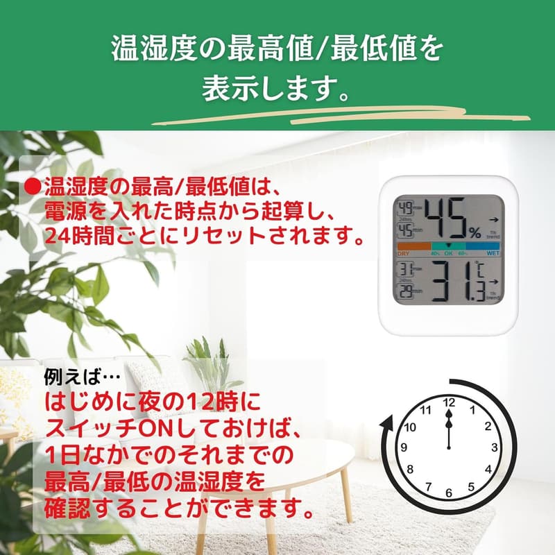HATUSOKU 掌サイズデジタル温湿度計 最高最低表示 マグネット付き
