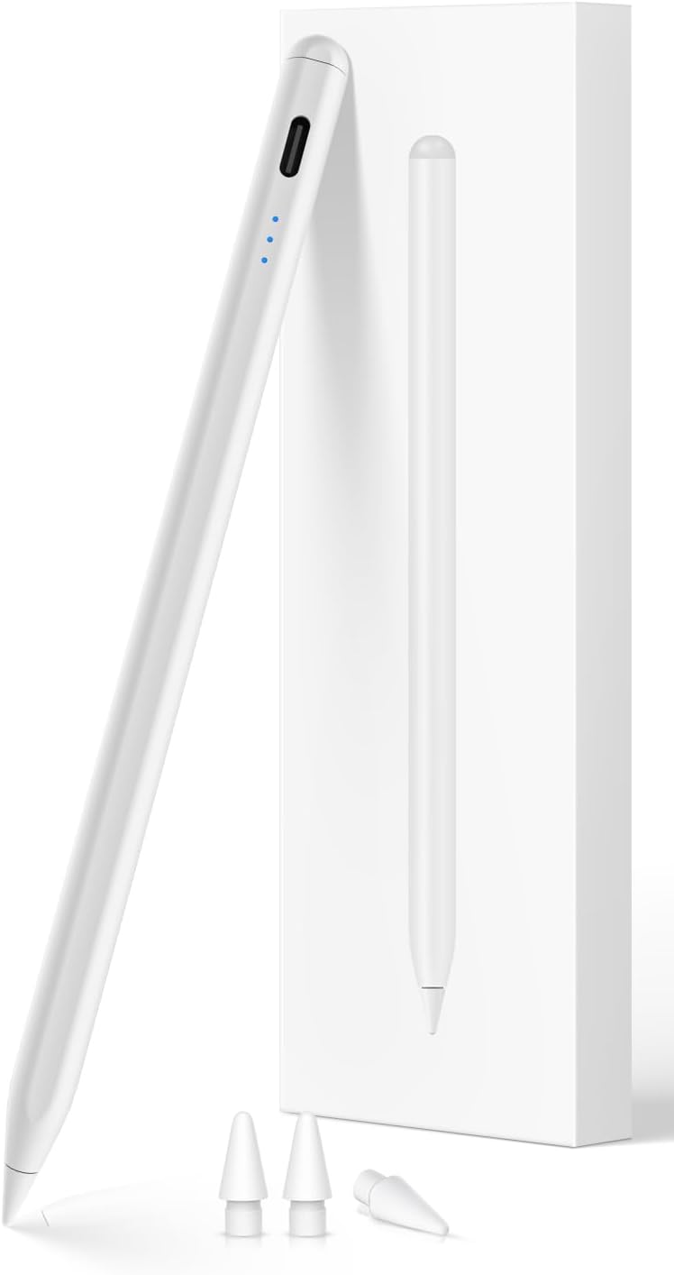 iPad対応 超高感度スタイラスペン Type-C急速充電 磁気吸着・パームリジェクション機能付き【2018〜2025年モデル】ホワイト