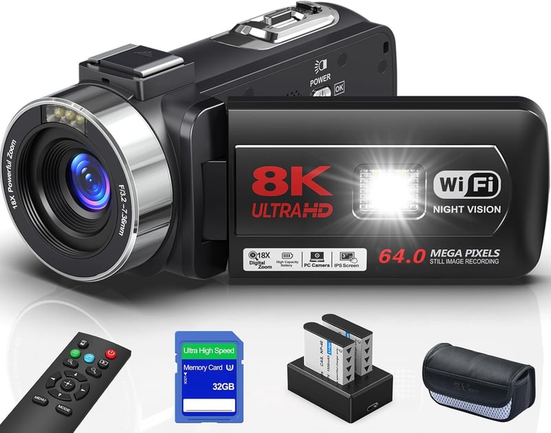 YouTube向け8Kビデオカメラ 64MP 18倍デジタルズーム Wi-Fi機能 3.0インチタッチスクリーン 日本語システム付き（ベーシックセット）
