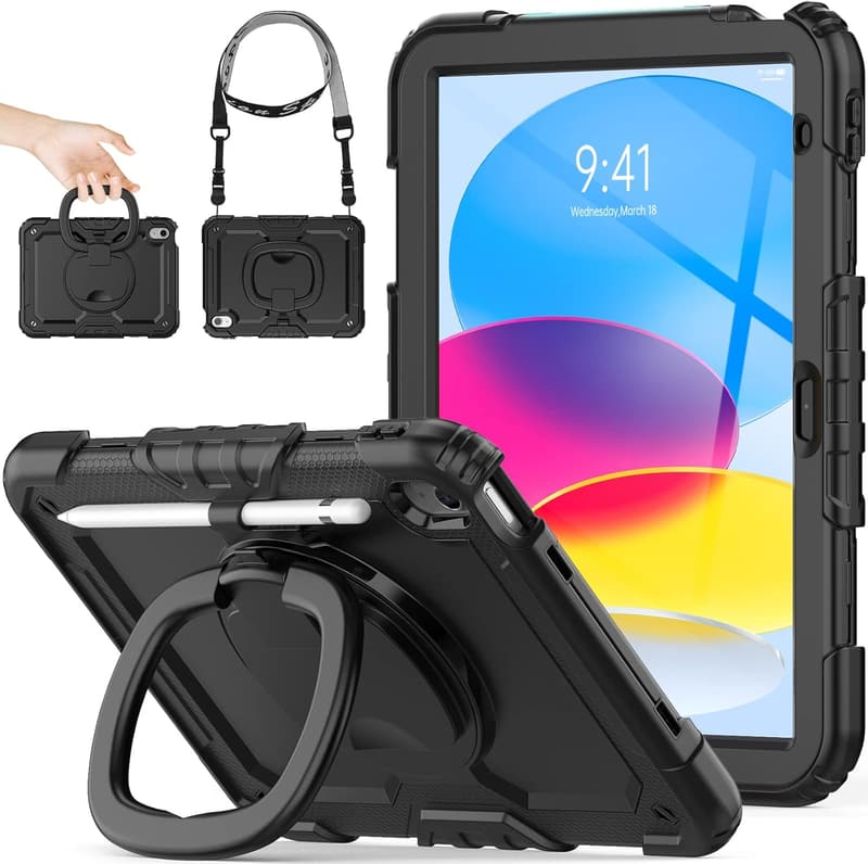 iPad第11/第10世代専用 耐衝撃リングハンドルケース（ブラック）ペン収納・ショルダーストラップ・フィルム付き