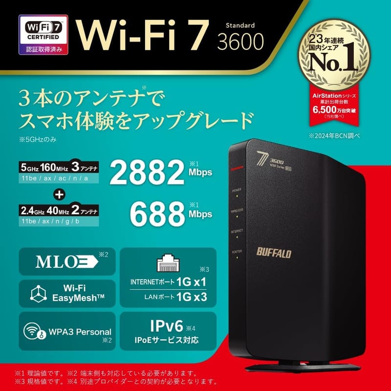 Wi-Fi 7対応 バッファロー デュアルバンド無線LANルーター 2882+688Mbps エコパッケージ WSR3600BE4P/NBK