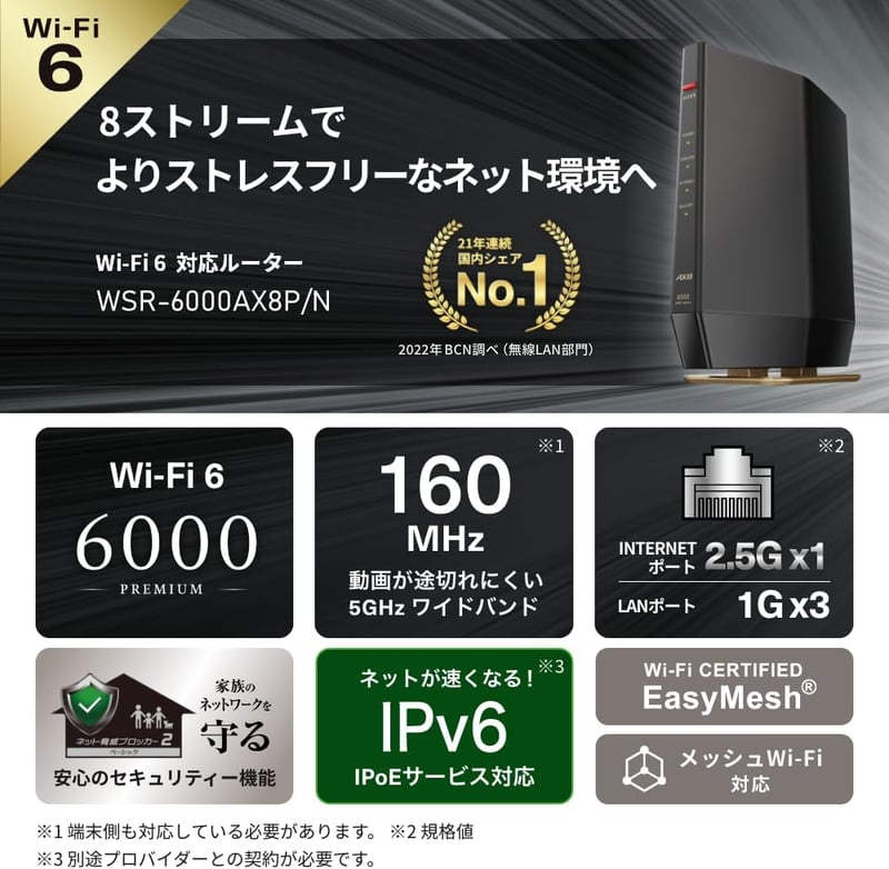バッファロー Wi-Fi 6 ルーター AX6000 (4803+1147Mbps) 日本製【iPhone 15/14・Switch・PS5動作確認済】