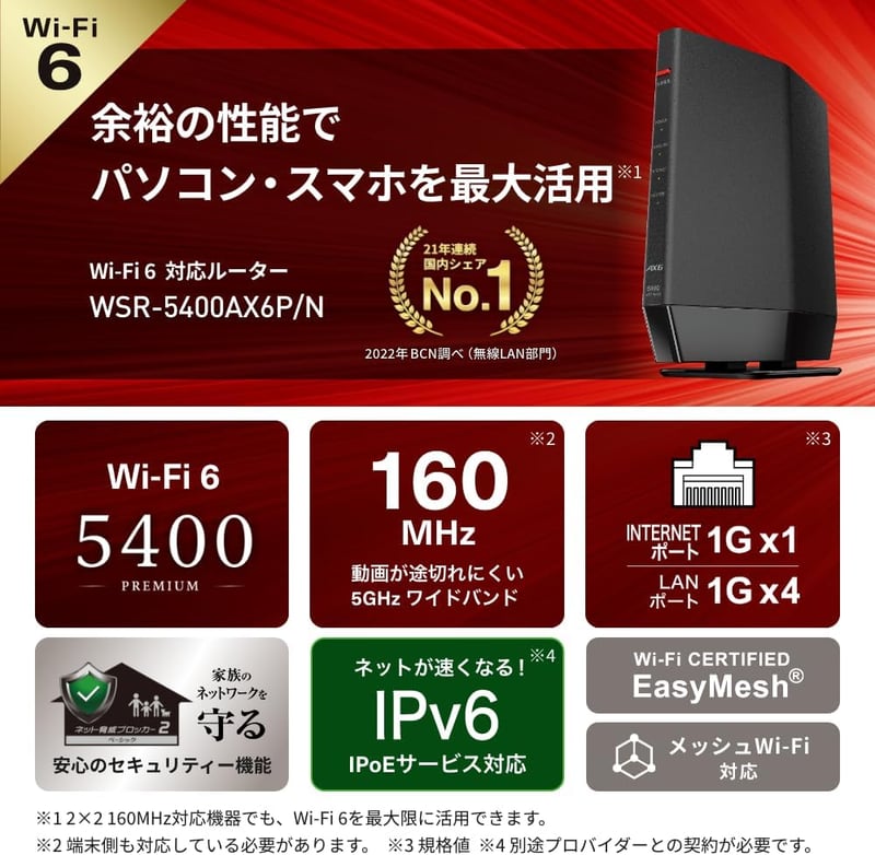 Wi-Fi 6対応 バッファロー 無線LANルーター AX5400 4803+574Mbps 日本製 iPhone/PS5/Nintendo Switch動作確認済み