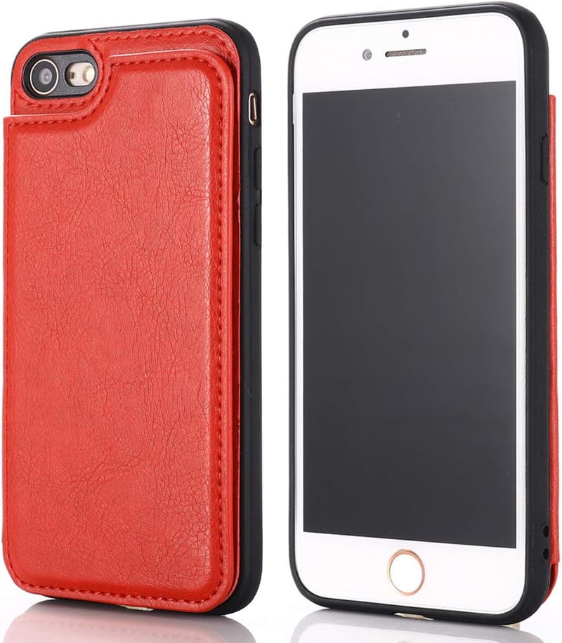iPhone SE (2020) / SE2 / 8 / 7対応 手作り財布型手帳ケース (レッド) – 薄型・軽量・ポケット収納付き