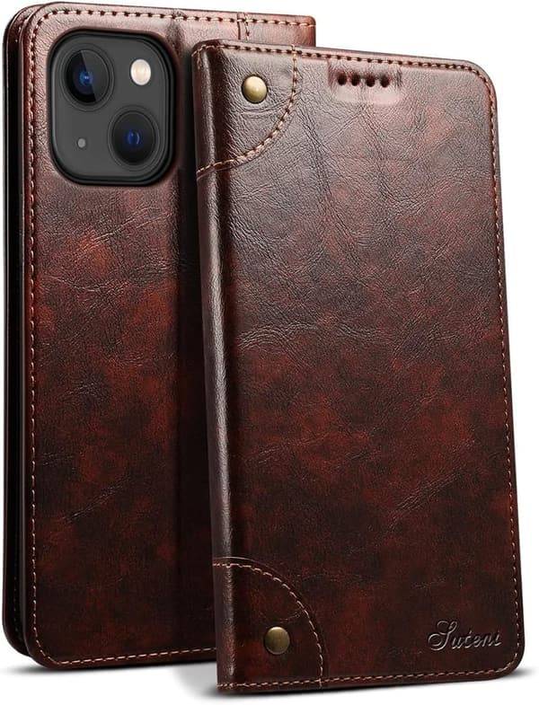 iPhone 13 手帳型ケース 本革カード収納 薄型防塵耐衝撃ブラウン
