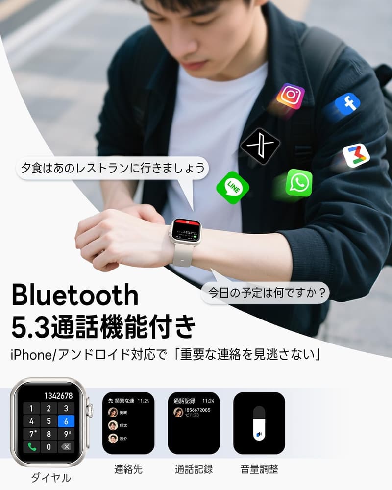 FOSMET スマートウォッチ【2025新型】100日スタンバイ・30日連続使用・Bluetooth通話・IP68防水・健康管理・120運動モード対応