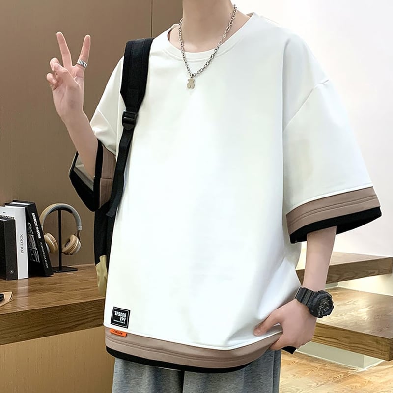 メンズ夏レイヤードTシャツ 大きいサイズ ゆったりカジュアルトップス