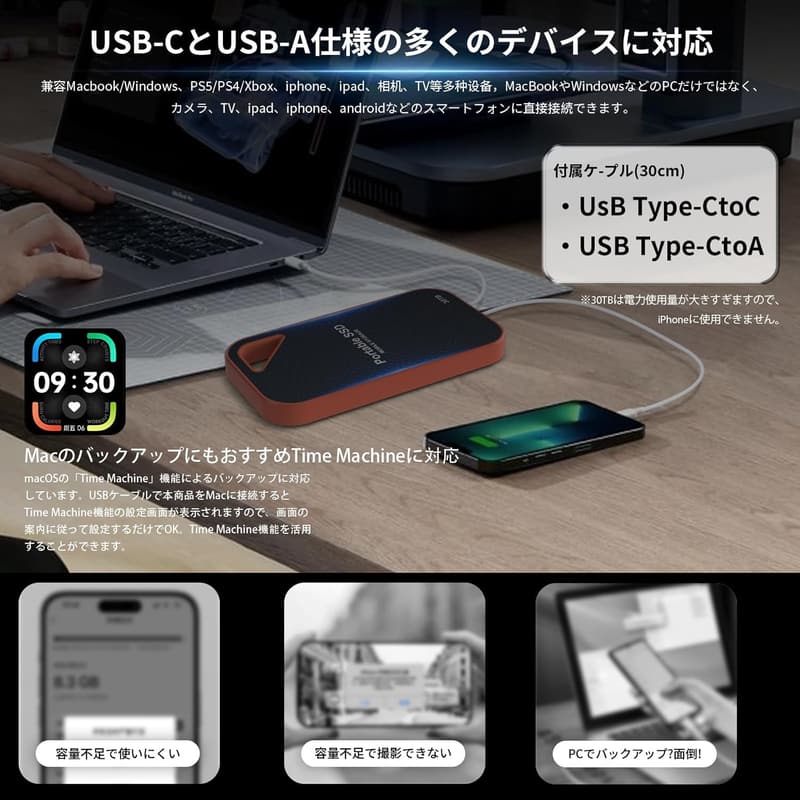 30TB 外付けポータブルSSD USB3.2 Gen1 Type-C PS4/PS5対応 防滴・防塵・耐衝撃