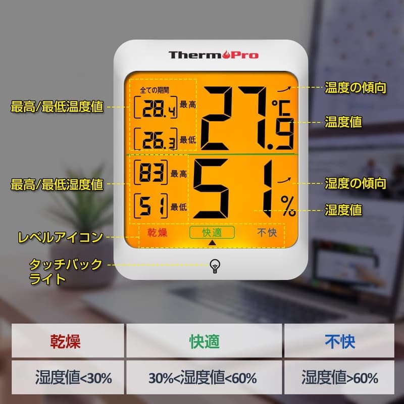 室内用高精度デジタル温湿度計 LCDバックライト付き - 赤ちゃんと家庭用 最高最低値表示・快適度表示・24時間データ記録