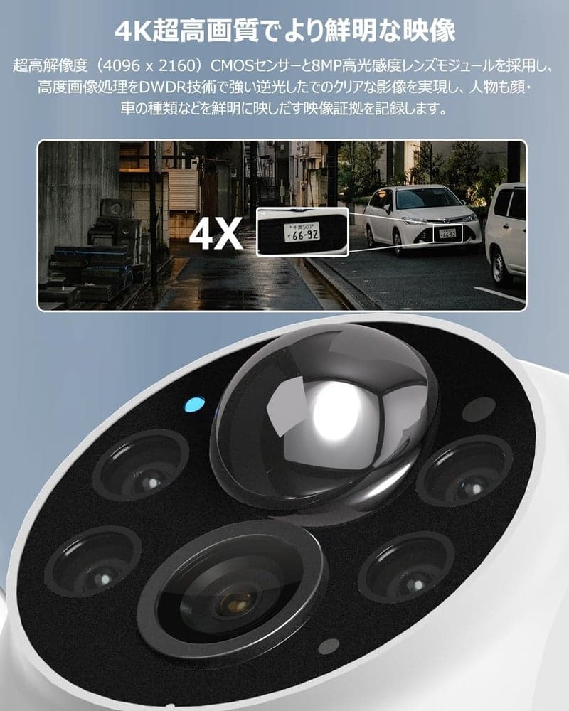【屋外防犯対策・800万画素360度ソーラー監視カメラ】ANRAN ワイヤレス/PIR人体検知/夜間カラー撮影/SDカード対応