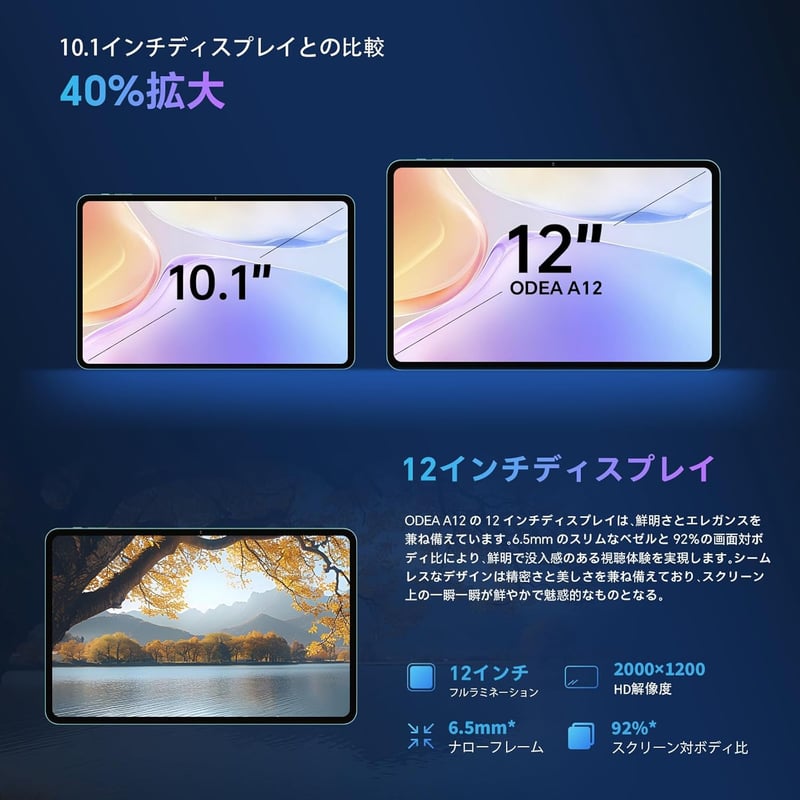 Android 15 タブレット 12インチ 2K IPS大画面 - 12GB RAM/128GBストレージ/8000mAhバッテリー/5G Wi-Fi対応