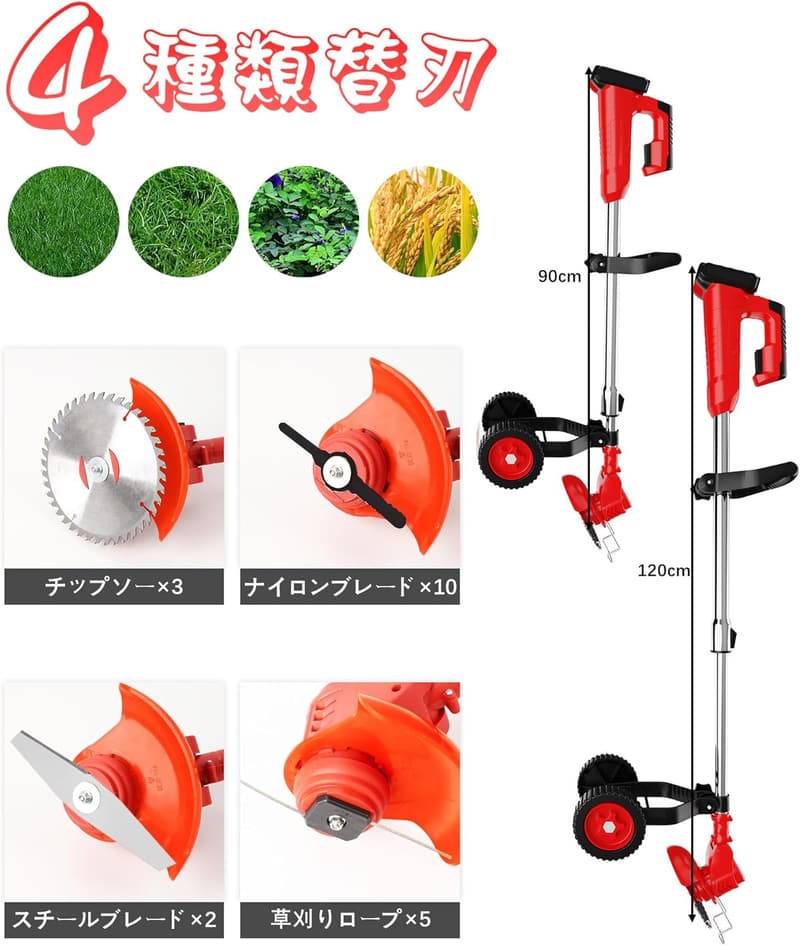 充電式電動草刈り機 1880W・2000mAh×2大容量・連続駆動35-50分・補助車輪・伸縮式・角度調整3段階・多種類替刃付属・軽量アルミ合金製・家庭用・業務用対応