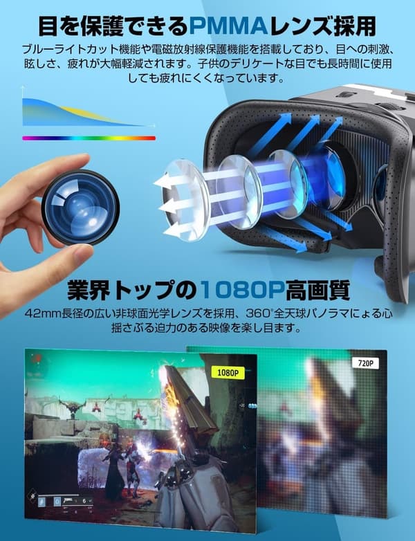 スマホ用VRゴーグル - 令和冬初売りモデル、ピント調整・眼鏡対応、120°超広角、1080PHD【クリスマス・新年プレゼント】