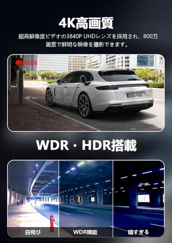 2025年新バージョン・4Kミラー型ドライブレコーダー（GPS搭載・前後カメラ・駐車監視・32GBカード付）