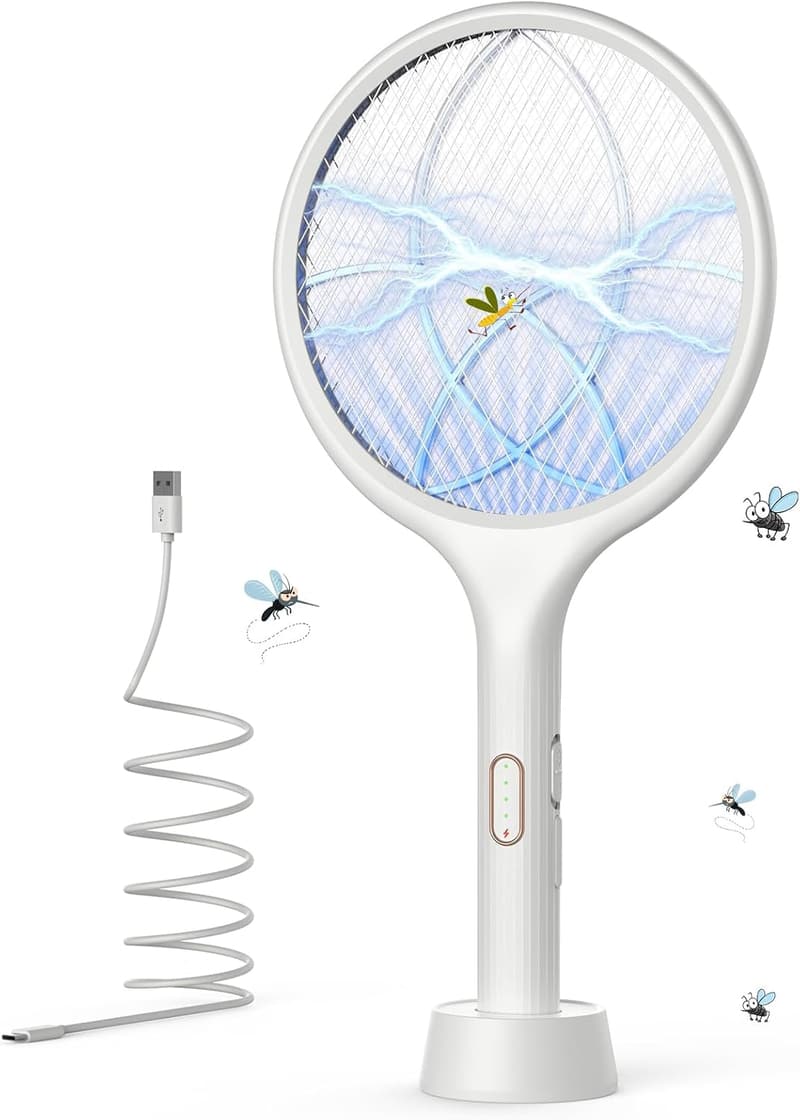 蚊取り電撃殺虫ラケット 4000V USB充電式 3層ネット 薬剤不要 スタンド付き 白