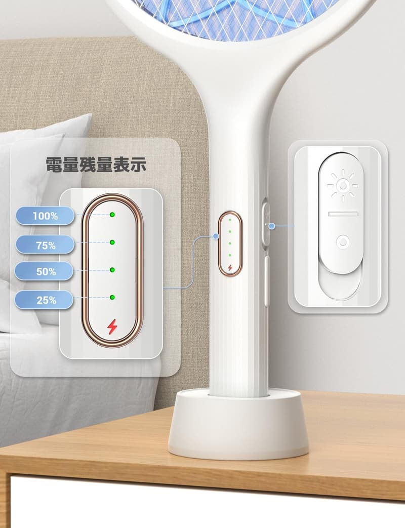 蚊取り電撃殺虫ラケット 4000V USB充電式 3層ネット 薬剤不要 スタンド付き 白