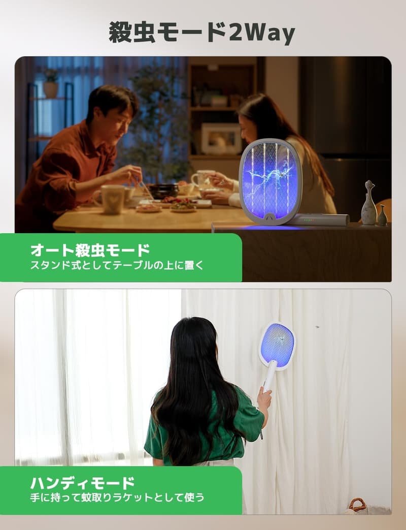 高電圧蚊取り電撃殺虫ラケット 折り畳み式 充電式 薬剤不要 屋内外対応 (1枚, 白)