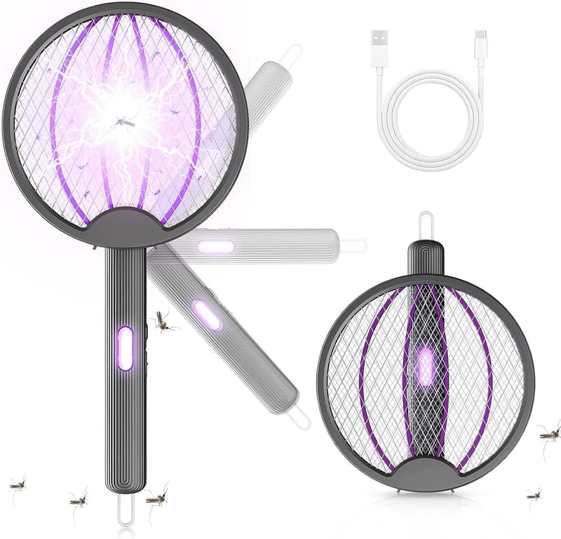 2025年新モデル 蚊取りラケット USB充電式 3000V高電圧 二重安全スイッチ 軽量 折り畳み式 (グレー)